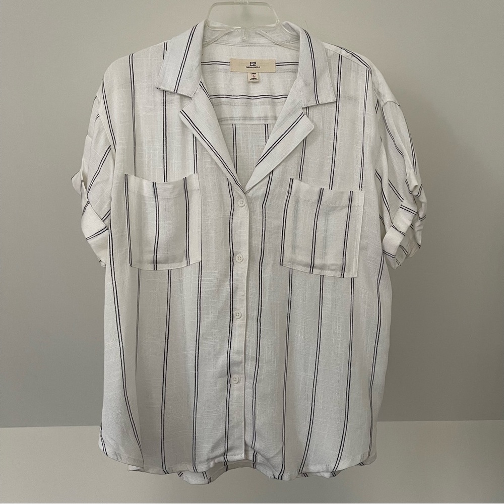 Thread & Supply Double Pinstripe Button Down Linen-like Shirt, NWOT, Size L